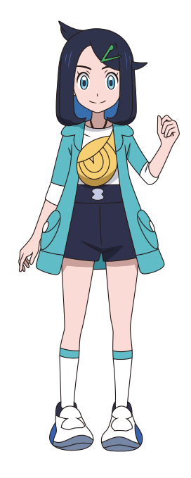 1girl black_hair black_shorts clenched_hand closed_mouth cowlick eyelashes full_body green_eyes green_jacket hair_ornament hairclip hand_up happy jacket liko_(pokemon) looking_at_viewer official_art open_clothes open_jacket pokemon pokemon_(anime) pokemon_horizons shirt shorts sleeves_past_elbows smile socks solo split_mouth standing thighs transparent_background white_footwear white_shirt white_socks yellow_bag