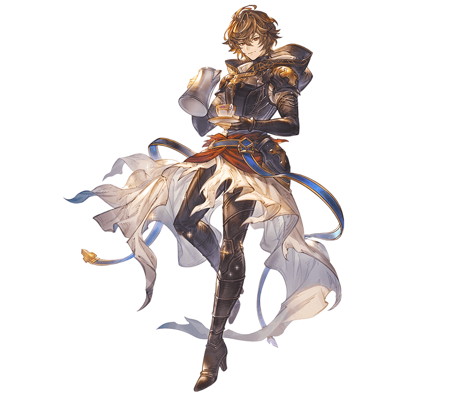 1boy ahoge armor belt bishounen boots breastplate brown_hair cape coffee_cup cup disposable_cup downscaled fingerless_gloves floating_clothes full_body gloves granblue_fantasy hair_between_eyes high_heel_boots high_heels holding holding_kettle hood hood_down kettle leg_up light_smile looking_at_viewer minaba_hideo official_art red_eyes resized sandalphon_(granblue_fantasy) tachi-e white_cape