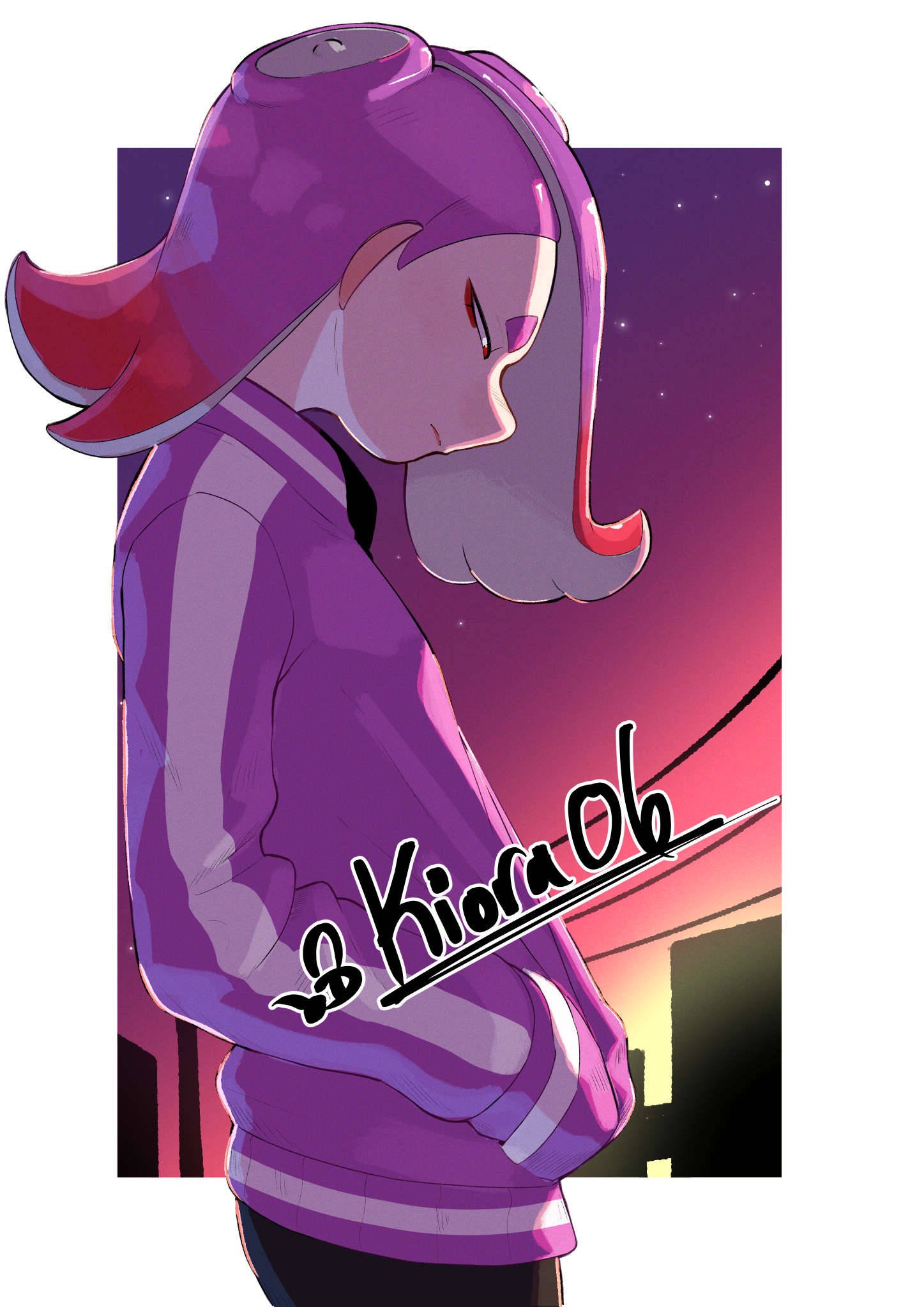 1girl alternate_costume artist_name border closed_mouth colored_tips commentary eyeshadow from_side hands_in_pockets highres kiora06 long_hair makeup multicolored_hair octoling outside_border purple_sweater red_eyes red_eyeshadow redhead shiver_(splatoon) short_eyebrows solo splatoon_(series) splatoon_3 standing sweater tentacle_hair thick_eyebrows twitter_username two-tone_hair white_border