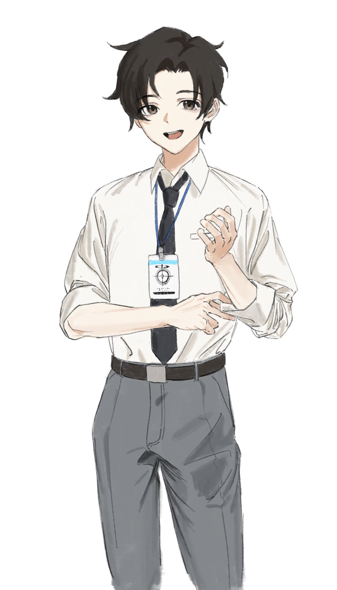 1boy adjusting_clothes belt black_hair black_necktie blue_archive blue_archive_the_animation brown_eyes collared_shirt cowboy_shot gomibako_(gomibako_price) grey_pants highres looking_at_viewer male_focus necktie pants round_teeth sensei_(blue_archive) sensei_(blue_archive_the_animation) shirt shirt_tucked_in short_hair simple_background sleeves_rolled_up solo teeth upper_teeth_only white_background white_shirt