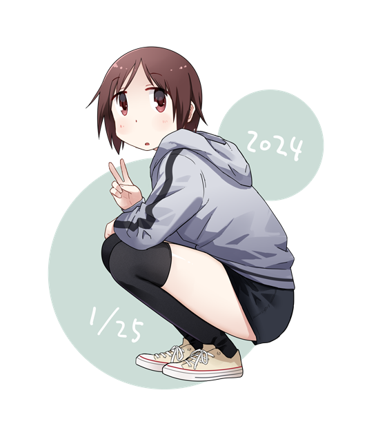 1girl black_skirt black_thighhighs blush brown_eyes brown_footwear brown_hair casual commentary_request dated from_side full_body grey_hoodie hasegawa_fumi hood hood_down hoodie katatsuka_kouji long_sleeves looking_at_viewer looking_to_the_side parted_lips shoes short_hair skirt sneakers solo squatting thigh-highs two-tone_background v white_background yuyushiki