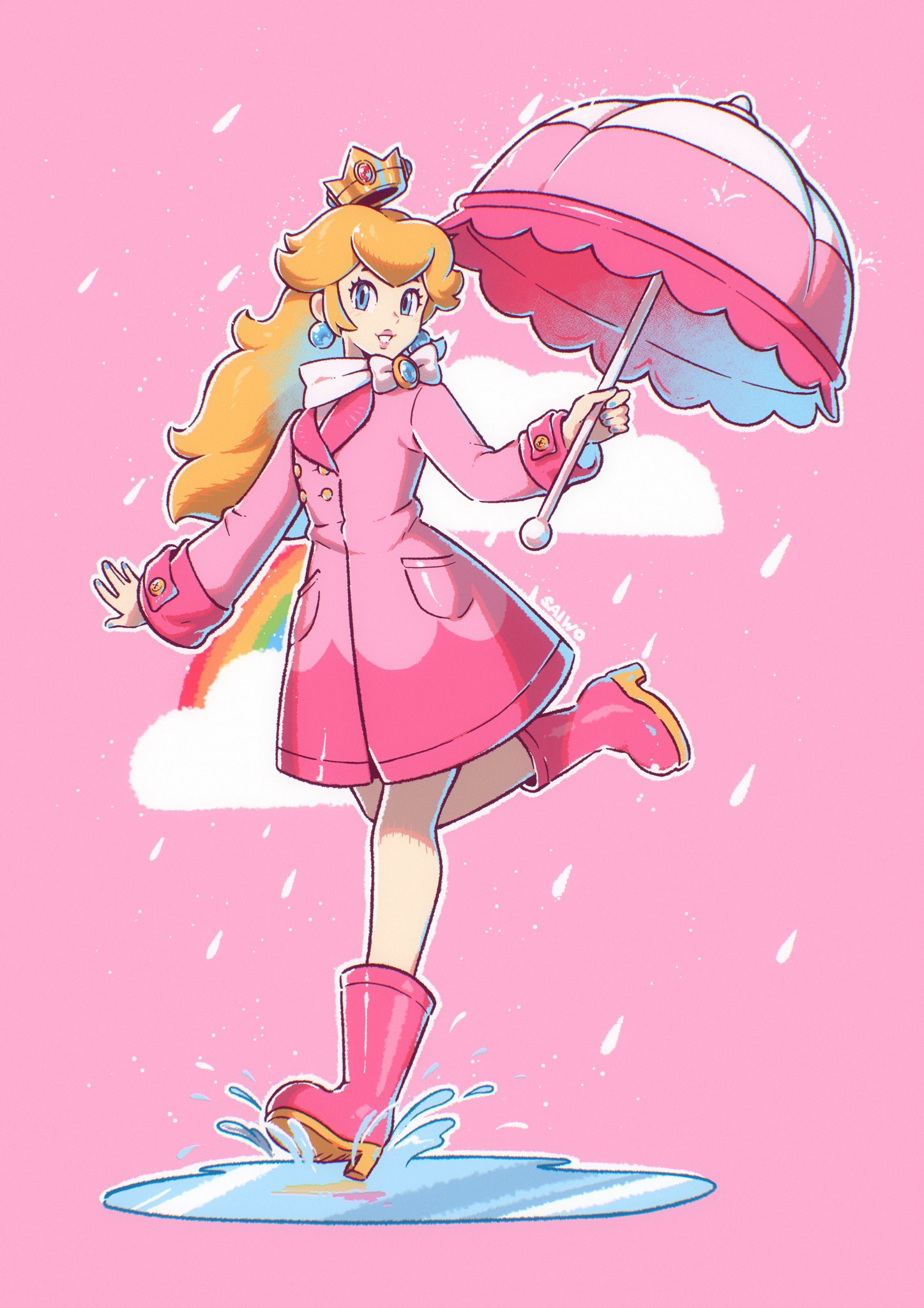 1girl blonde_hair blue_eyes boots coat commentary crown earrings english_commentary high_heel_boots high_heels highres holding holding_umbrella jewelry long_hair pink_background pink_coat pink_footwear pink_lips princess_peach puddle rubber_boots saiwo_(saiwoproject) simple_background sleeves_past_wrists smile solo sphere_earrings super_mario_bros. teeth umbrella