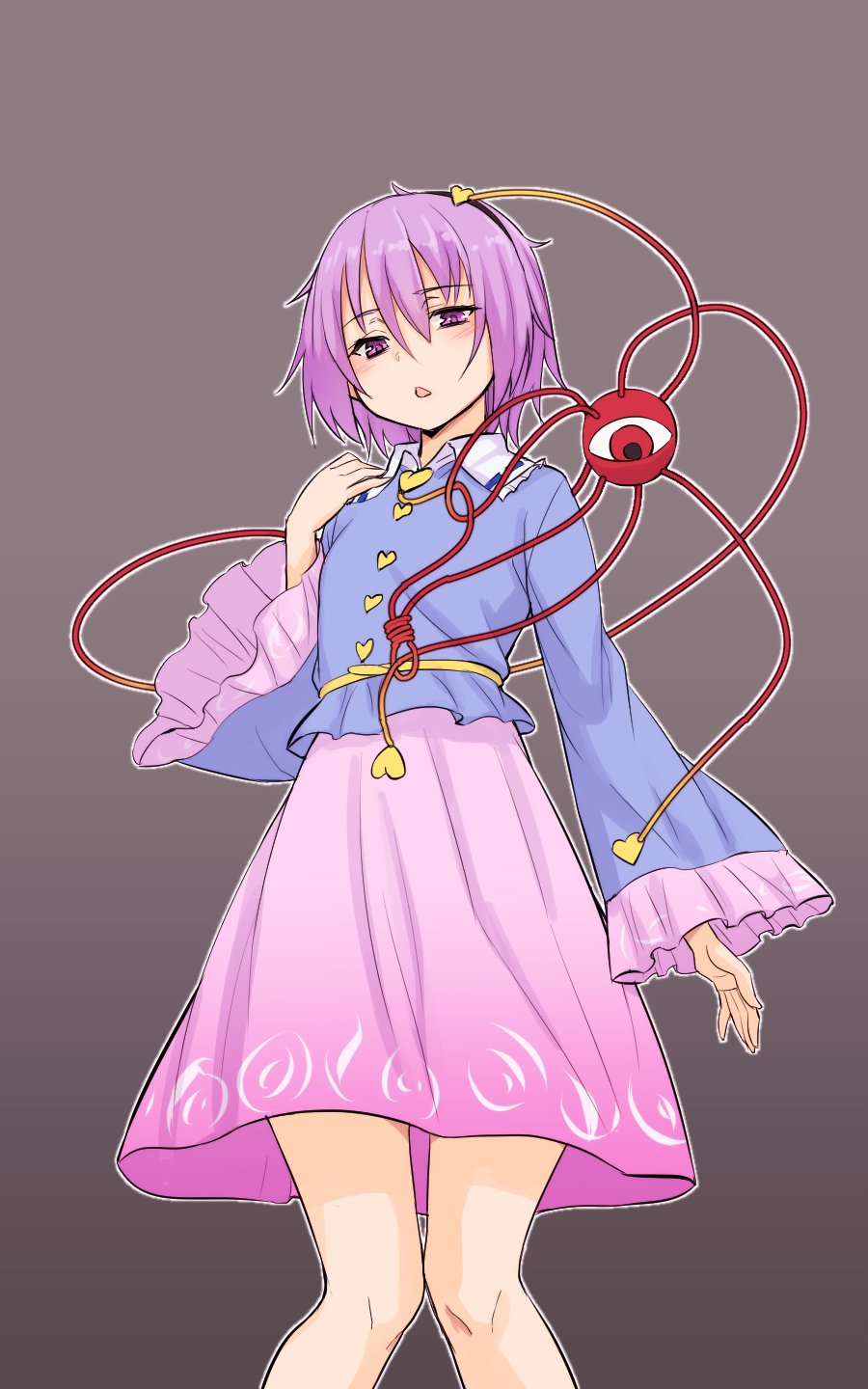 1girl black_hairband blue_shirt commentary frilled_sleeves frills grey_background hairband heart highres kakone komeiji_satori long_sleeves looking_at_viewer one-hour_drawing_challenge open_mouth pink_skirt purple_hair shirt short_hair simple_background skirt solo touhou violet_eyes