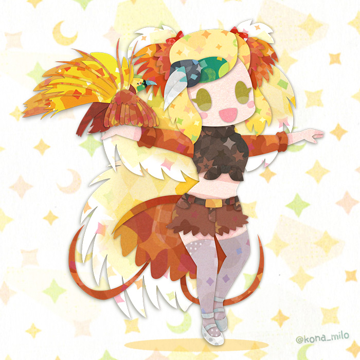 1girl animal bird bird_girl bird_tail bird_wings blonde_hair feathered_wings full_body greater_bird-of-paradise_(kemono_friends) head_wings kemono_friends kikuchi_milo long_hair looking_at_viewer multicolored_hair shoes shorts simple_background sweater tail thigh-highs wings yellow_eyes