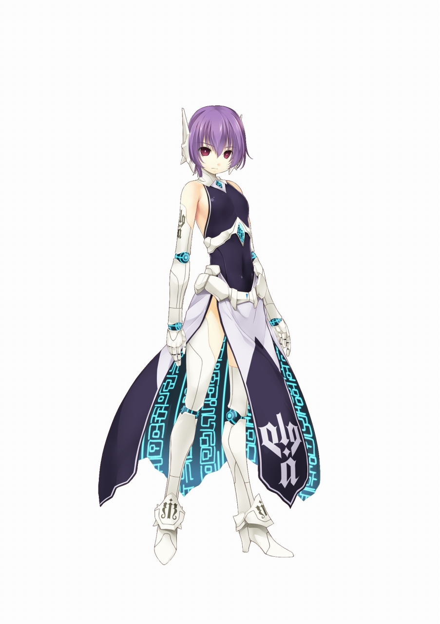 1girl astel(wizards_symphony) atelier-moo bare_shoulders closed_mouth flat_chest full_body golem hair_between_eyes highres looking_at_viewer mechanical_arms navel purple_hair red_eyes robot_ears short_hair simple_background solo standing thighs white_background wizards_symphony