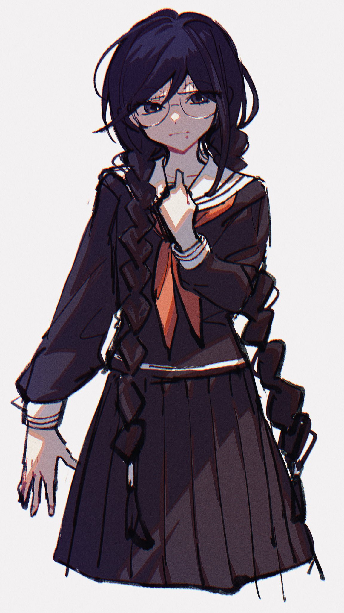 1girl braid clenched_hand closed_mouth collared_shirt commentary_request cropped_legs danganronpa:_trigger_happy_havoc danganronpa_(series) eyelashes frown fukawa_toko glasses hair_over_shoulder hand_on_own_chest highres long_hair long_skirt long_sleeves looking_at_viewer low_twin_braids mole mole_under_mouth neckerchief pleated_skirt purple_hair purple_serafuku purple_shirt purple_skirt purple_sleeves red_neckerchief round_eyewear sailor_collar school_uniform serafuku shirt simple_background skirt solo twin_braids very_long_hair violet_eyes white_background white_sailor_collar ze_ro_saiji