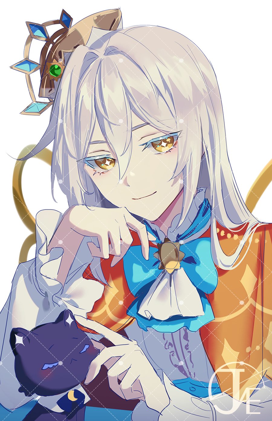 +_+ 0jae 1girl blue_bow bow capelet cat closed_mouth colored_eyelashes commentary_request commission grey_hair hair_between_eyes hair_intakes hand_up hat highres kiratto_pri_chan korean_commentary long_hair long_sleeves looking_at_viewer luluna_(pri_chan) mini_hat orange_capelet petting pretty_series sample_watermark shirt signature smile solo solulu upper_body watermark white_background white_shirt wings yellow_eyes