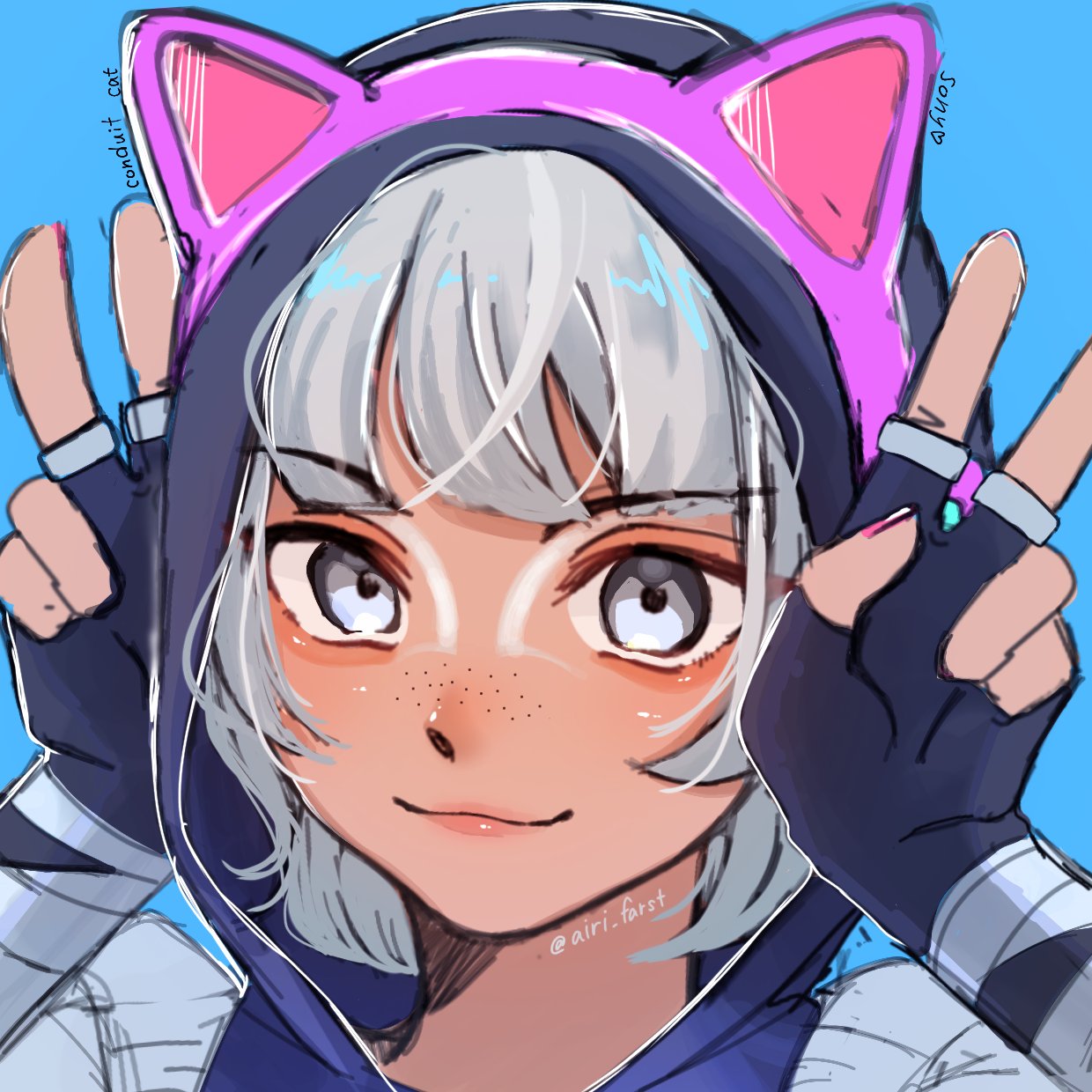 1girl animal_ears animification anono apex_legends black_hoodie blue_background cat_ears character_name conduit_(apex_legends) double_v fake_animal_ears freckles grey_eyes grey_hair highres hood hood_up hoodie looking_at_viewer official_alternate_costume player_one_conduit portrait short_hair smile solo twitter_username v