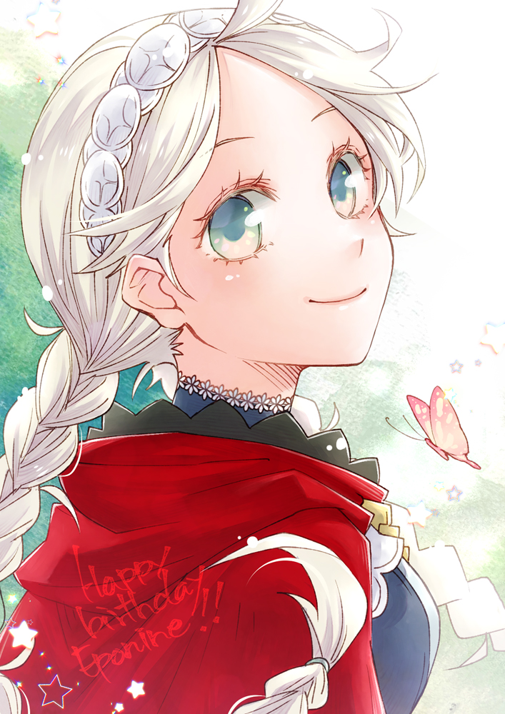 1girl ahoge blue_eyes braid bug butterfly capelet character_name closed_mouth ebi_puri_(ebi-ebi) fire_emblem fire_emblem_fates hairband happy_birthday hood hood_down hooded_capelet light_smile long_hair looking_at_viewer low_twin_braids low_twintails nina_(fire_emblem) parted_bangs red_capelet red_hood twin_braids twintails white_hairband