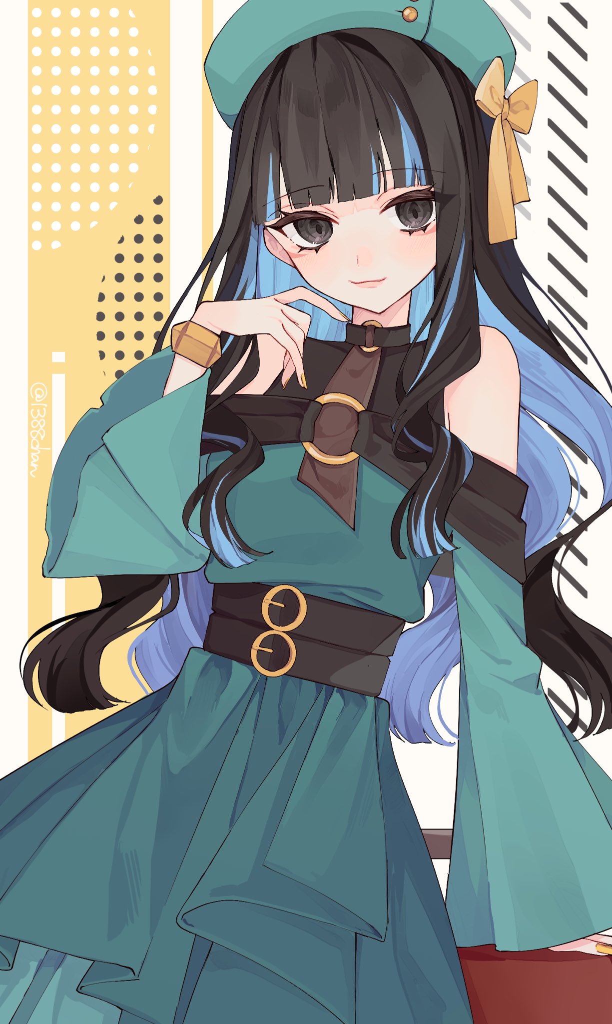 1388chan 1girl bare_shoulders beret black_hair blue_hair bracelet colored_inner_hair dress fate/grand_order fate_(series) green_dress grey_eyes hat highres jewelry long_hair looking_at_viewer makeup multicolored_hair nail_polish smile solo tenochtitlan_(fate) two-tone_hair yellow_nails