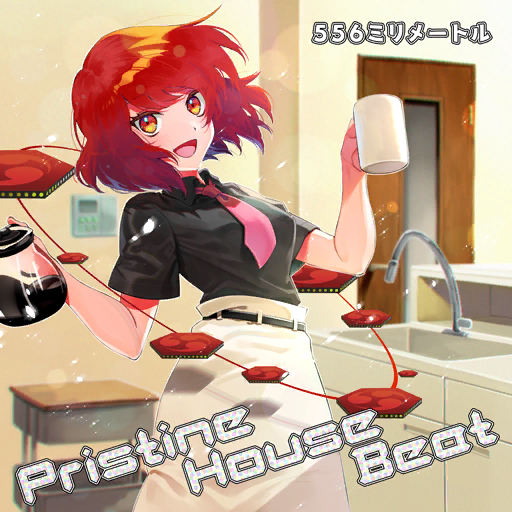 1girl 556_mm album_cover belt black_shirt bow bowtie circle_name coffee_pot collared_shirt cover cup drum english_text futoumeido game_cg holding holding_cup horikawa_raiko indoors instrument kitchen looking_at_viewer mug office official_art open_mouth orange_eyes pink_bow pink_bowtie redhead shirt short_hair skirt solo touhou touhou_cannonball water_drop white_skirt