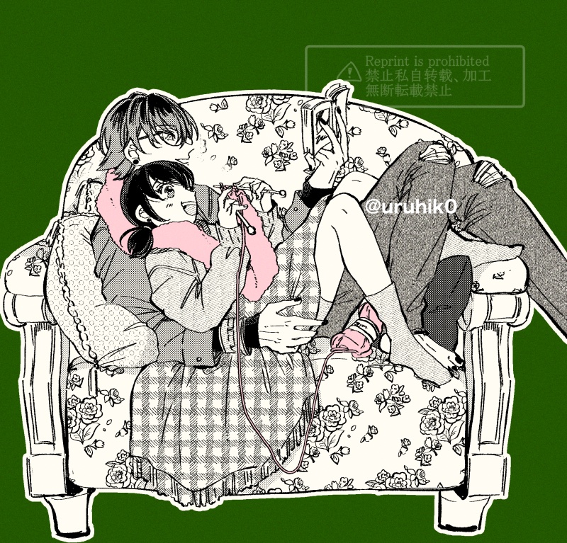 1boy 1girl black_eyes black_hair book couch glasses green_background grey_hair greyscale holding holding_book knitting luka_couffaine marinette_dupain-cheng miraculous_ladybug monochrome on_couch open_mouth pillow reading shawl short_hair short_twintails simple_background smile socks twintails uruhiko
