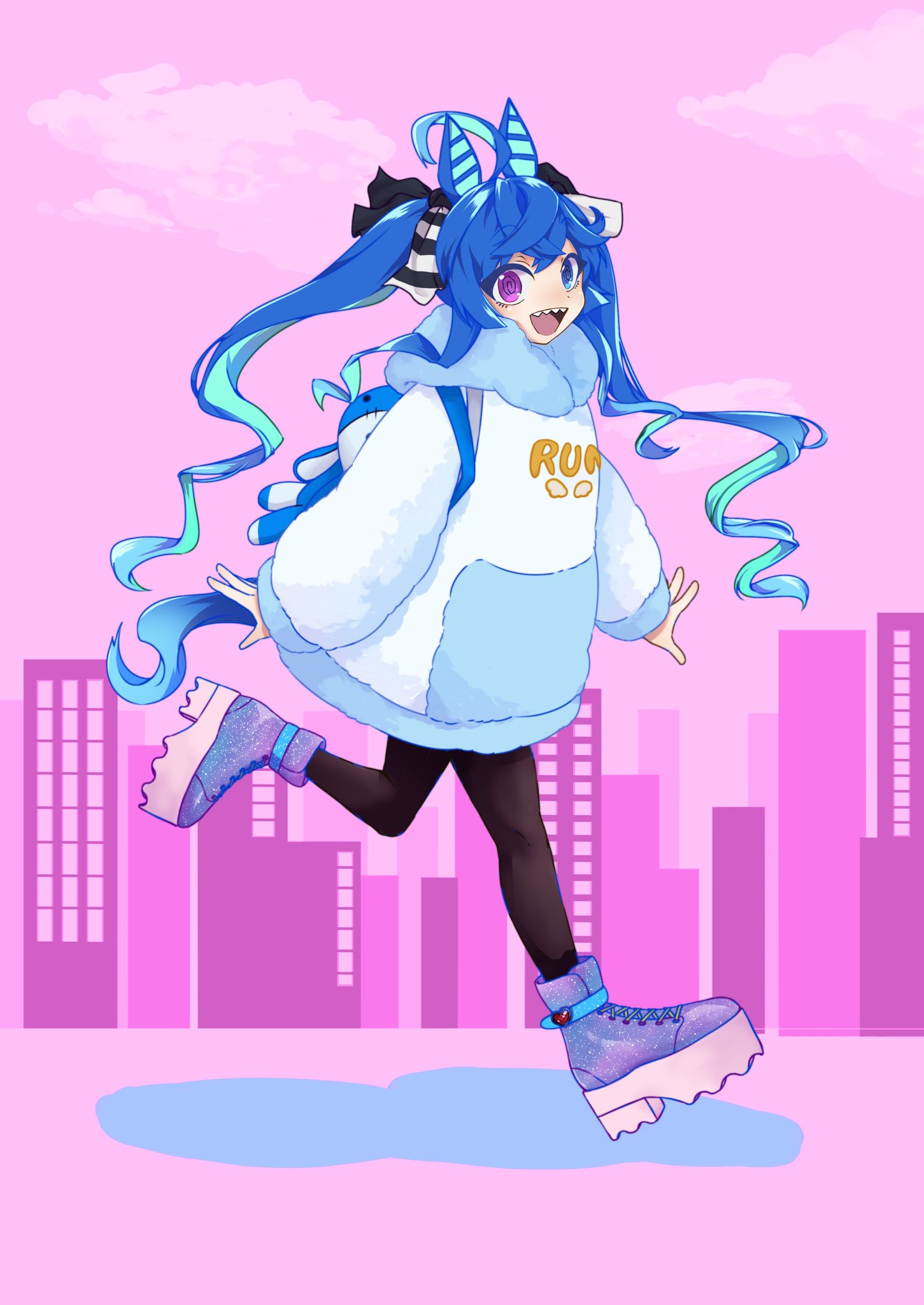 1girl @_@ ahoge animal_ears aqua_hair be_do0125 black_pantyhose blue_eyes blue_hair blue_hoodie boots bow casual city clouds commentary_request crossed_bangs full_body hair_bow heterochromia highres hood hoodie horse_ears horse_girl horse_tail leg_up long_hair long_sleeves looking_at_viewer multicolored_hair official_alternate_costume open_mouth pantyhose pink_background platform_boots platform_footwear sharp_teeth sidelocks skyline solo striped_bow stuffed_animal stuffed_rabbit stuffed_toy tail teeth twin_turbo_(umamusume) twintails two-tone_hair umamusume upper_teeth_only violet_eyes