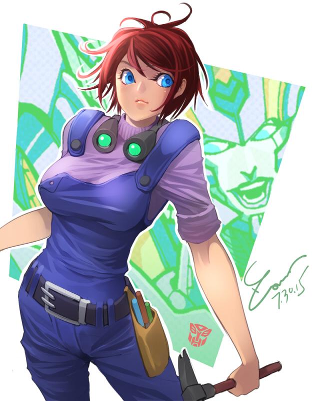 1girl autobot belt blue_eyes blue_overalls breasts hammer large_breasts nautica_(transformers) overalls purple_sweater redhead short_hair solo sweater the_transformers_(idw) transformers zoner