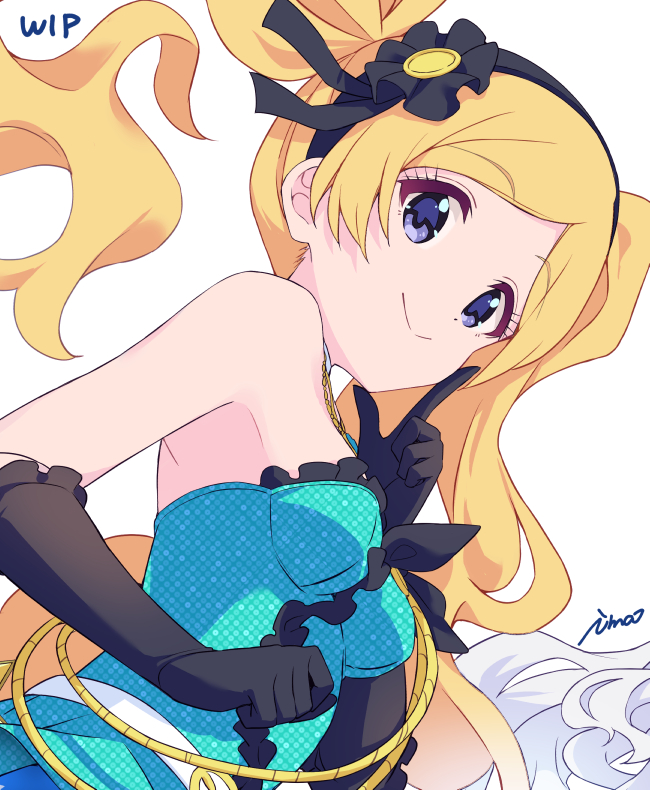 1girl armpits artist_name bare_shoulders black_gloves black_hairband blonde_hair breasts closed_mouth dot_nose dress elbow_gloves emily_stewart eyelashes flower frilled_dress frills gloves hair_flower hair_ornament hair_ribbon hairband idolmaster idolmaster_million_live! idolmaster_million_live!_theater_days ima_(lm_ew) light_smile long_hair off_shoulder official_alternate_costume parted_bangs pointing pointing_up ribbon sidelocks simple_background sleeveless small_breasts solo twintails unfinished upper_body violet_eyes wavy_hair white_background