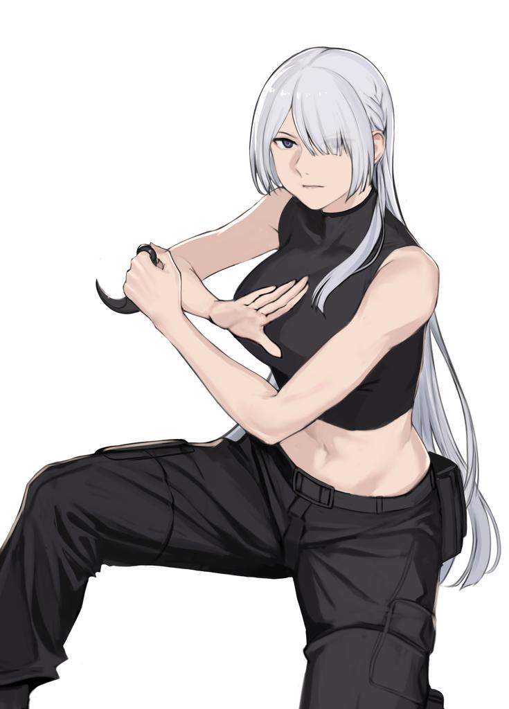 1girl ak-15_(girls'_frontline) black_pants blue_eyes breasts crop_top expressionless girls_frontline hair_over_one_eye holding holding_knife karambit knife long_hair looking_at_viewer midriff navel pants seilindekos simple_background solo white_background white_hair