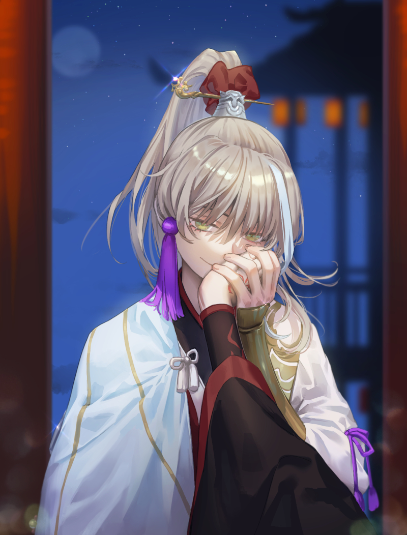 2boys archer_(fate/samurai_remnant) architecture arm_guards black_hanfu chinese_clothes chinese_hairpin command_spell east_asian_architecture fate/samurai_remnant fate_(series) grey_hair hair_ornament hand_on_another's_face hanfu high_ponytail keclpshvli kiss kissing_hand lantern moon multicolored_hair multiple_boys night night_sky paper_lantern robe sky solo_focus star_(sky) starry_sky streaked_hair tassel tassel_hair_ornament white_hair white_hanfu white_robe xiao_guan_(headdress) yellow_eyes zheng_chenggong_(fate)