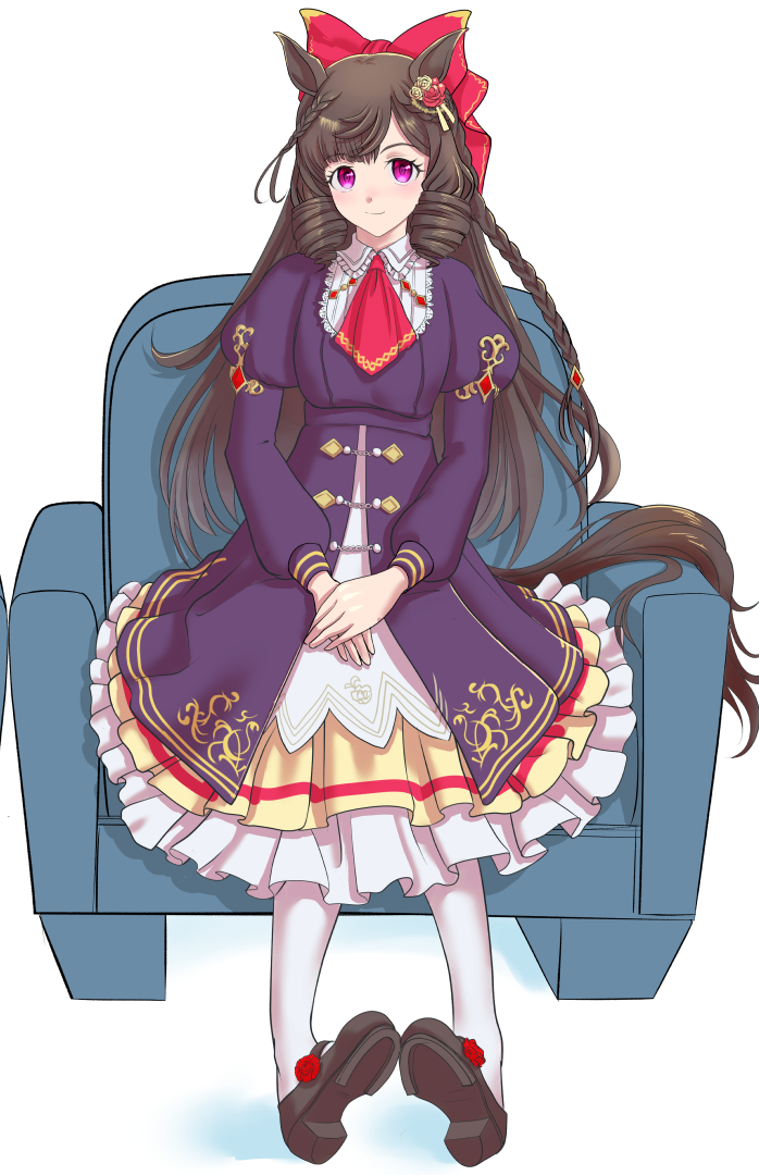 1girl animal_ears ascot black_hair bow brown_footwear closed_mouth collared_dress couch daiichi_ruby_(umamusume) dress flat_chest flower frown fukami_(trash_sp) full_body hair_bow hair_flower hair_ornament horse_ears horse_girl horse_tail juliet_sleeves long_hair long_sleeves looking_at_viewer on_couch pantyhose petticoat pink_eyes puffy_sleeves purple_dress red_ascot shoes simple_background sitting solo tail umamusume white_background white_pantyhose