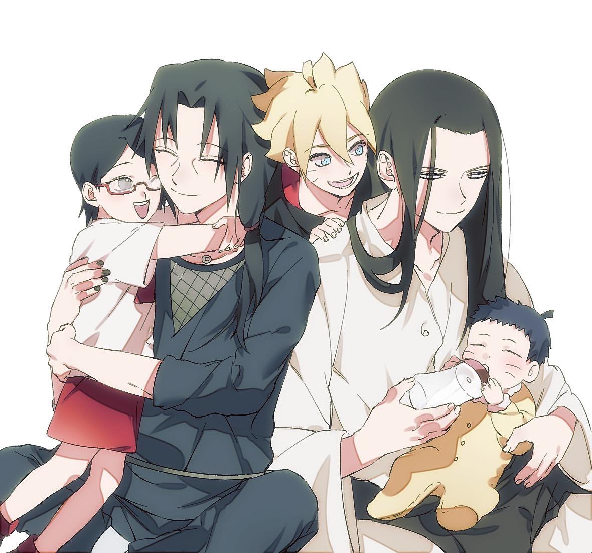 arms_around_neck baby baby_bottle black_hair black_nails black_pants black_shirt blonde_hair blue_eyes boruto:_naruto_next_generations bottle brother_and_sister child closed_eyes closed_mouth drinking facial_mark family fishnet_top fishnets glasses grey_eyes hair_between_eyes hand_on_another's_shoulder holding_baby hyuuga_neji itachi3413 jewelry long_hair long_sleeves nail_polish naruto_(series) necklace one_eye_closed onesie open_mouth pants parted_bangs red_shorts shirt short_hair shorts siblings smile spiky_hair t-shirt topknot uchiha_itachi uchiha_sarada uncle_and_nephew uncle_and_niece upper_body uzumaki_boruto uzumaki_himawari whisker_markings white_background white_eyes white_shirt wide_sleeves