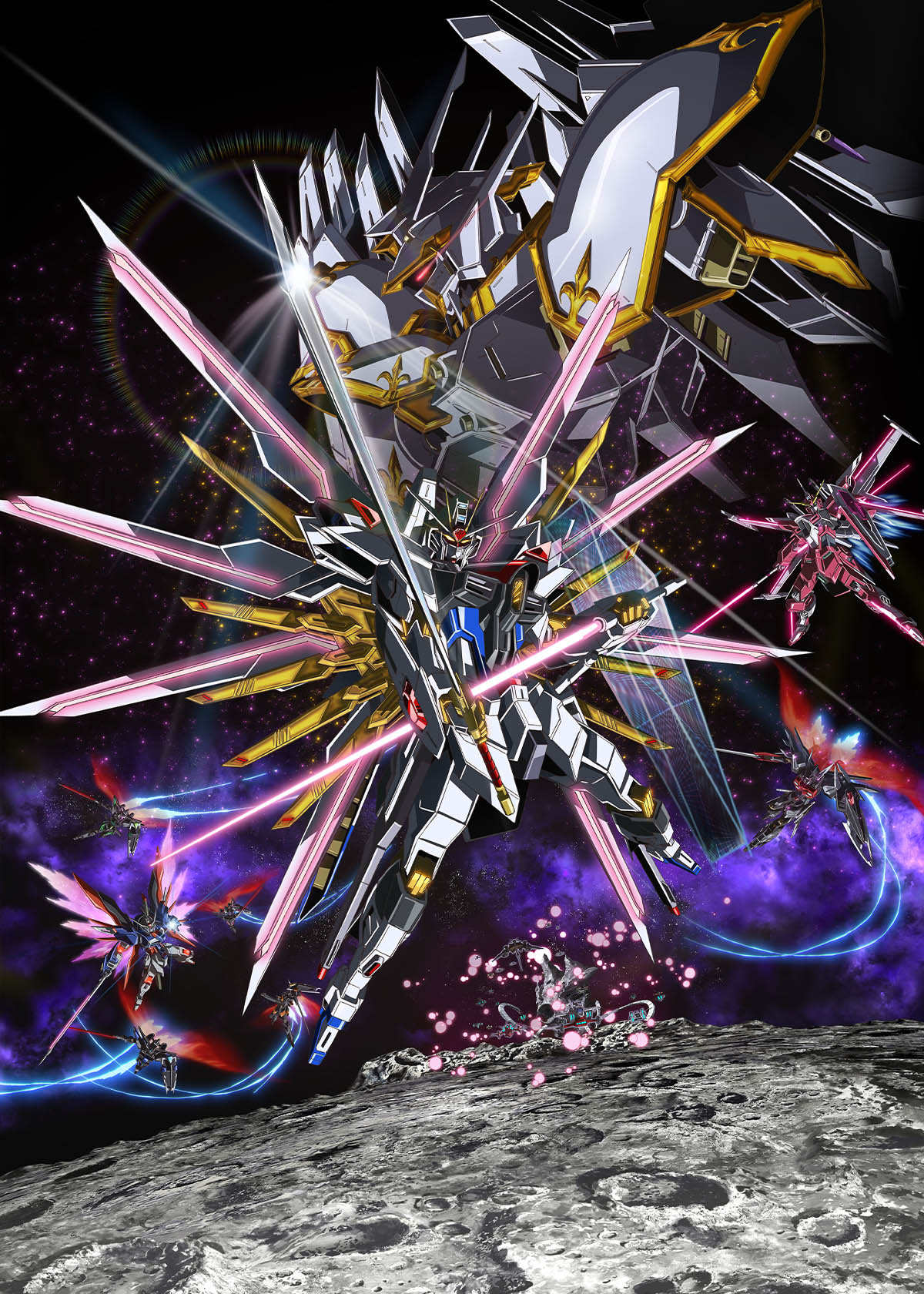 absurdres aqua_eyes bandai_namco_filmworks battle beam_saber commentary destiny_gundam_spec_ii double-blade energy_blade energy_sword exhaust explosion full_body glowing glowing_eyes gundam gundam_seed gundam_seed_freedom highres holding holding_sword holding_weapon infinite_justice_gundam_type_ii key_visual leg_blade light_particles looking_at_viewer mecha mighty_strike_freedom_gundam mobile_suit no_humans official_art robot science_fiction solo space spread_wings star_(sky) sunrise_(studio) sword thrusters v-fin weapon