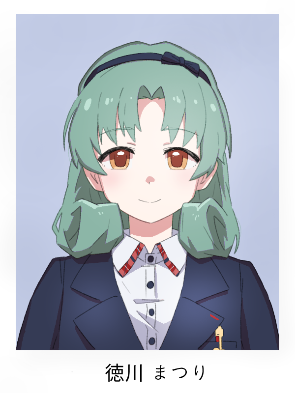 1girl black_hairband black_suit buttons character_name closed_mouth collar collared_shirt curly_hair dot_nose forehead green_hair hair_ribbon hairband id_photo idolmaster idolmaster_million_live! idolmaster_million_live!_theater_days light_smile looking_at_viewer official_alternate_costume ohgi910 orange_eyes parted_bangs portrait ribbon shirt sidelocks simple_background solo straight-on suit tokugawa_matsuri upper_body white_collar