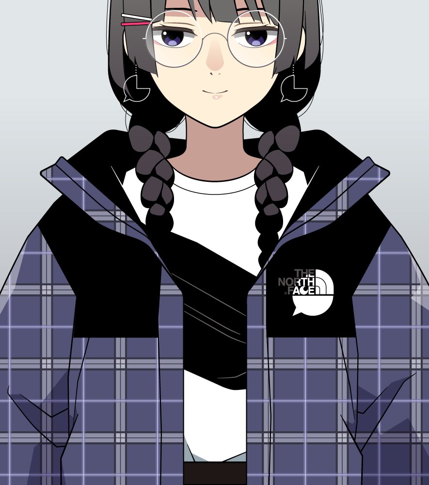 1girl arms_at_sides bag black_eyes black_hair blue_jacket braid closed_mouth commentary_request drop_earrings earrings english_commentary fanny_pack glasses hair_ornament hair_over_shoulder hairclip half-closed_eyes jacket jewelry logo logo_parody long_hair long_sleeves looking_at_viewer low_twin_braids mixed-language_commentary nijisanji open_clothes open_jacket panasonynet plaid plaid_jacket round_eyewear shirt_tucked_in shoulder_bag smile solo straight-on the_north_face tsukino_mito twin_braids upper_body