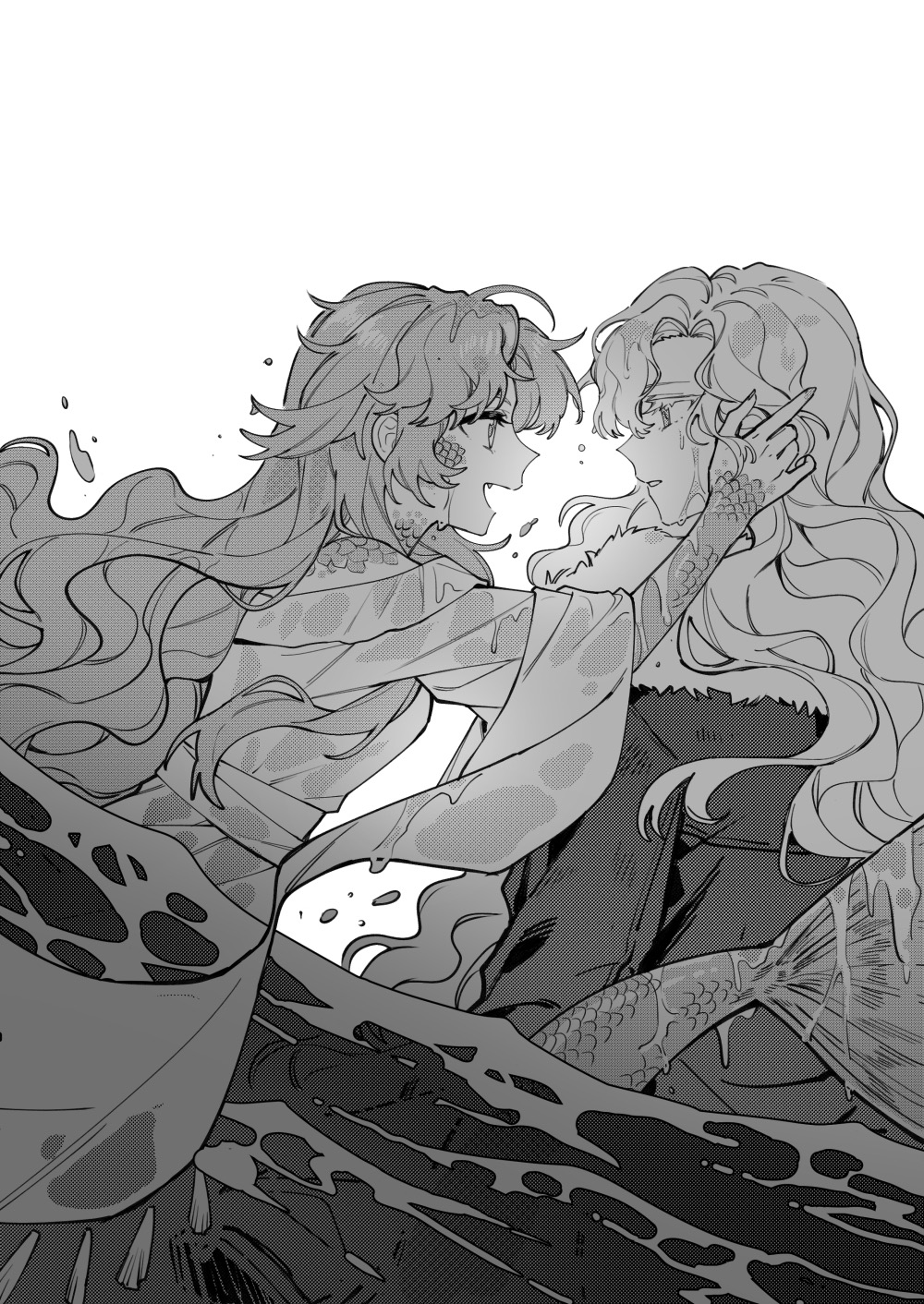 2girls adjusting_another's_hair coat curly_hair dutch_angle eye_contact face-to-face fang from_side fur-trimmed_coat fur_trim greyscale hand_on_another's_head hand_up highres long_hair looking_at_another mermaid monochrome monster_girl multiple_girls open_mouth partially_submerged profile reverse:1999 scales shirt upper_body vila_(reverse:1999) water wet white_background windsong_(reverse:1999) xunyu_(manyu) yuri