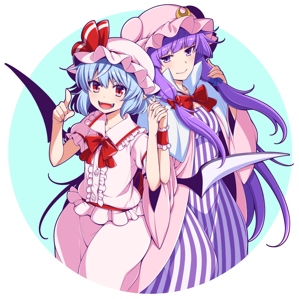 2girls bat_wings blue_background blue_hair breasts coat cowboy_shot dress eichi_yuu fangs flat_chest hat holding_hands light_blue_hair long_hair looking_at_viewer medium_breasts mob_cap multiple_girls open_mouth patchouli_knowledge pink_coat pink_hat pink_shirt pink_skirt pointing pointing_at_viewer pointy_ears purple_dress purple_hair red_eyes red_ribbon remilia_scarlet ribbon shirt short_hair simple_background skirt smile striped_clothes striped_dress touhou vampire violet_eyes white_background wings