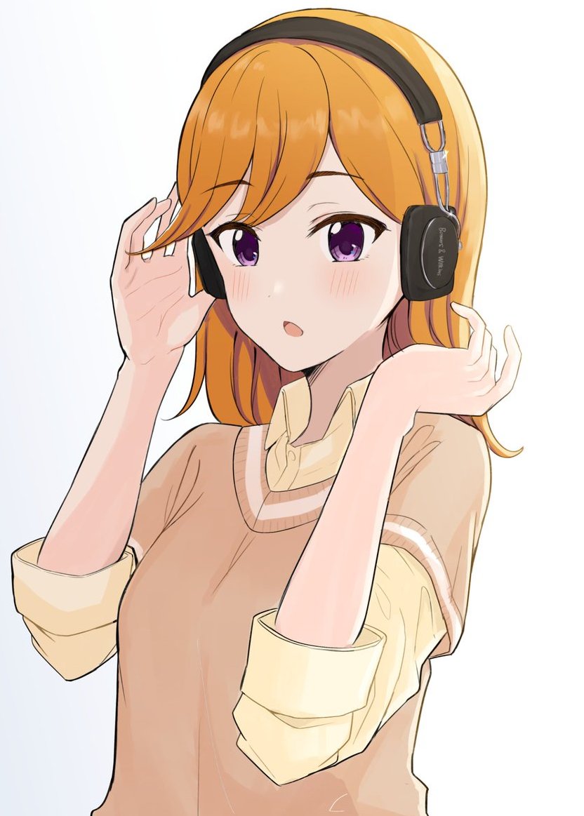 1girl blush brown_sweater collared_shirt commentary_request hands_up headphones looking_at_viewer love_live! love_live!_superstar!! open_mouth orange_hair shibuya_kanon shirt solo sweater swept_bangs tatsumi432 upper_body violet_eyes white_background
