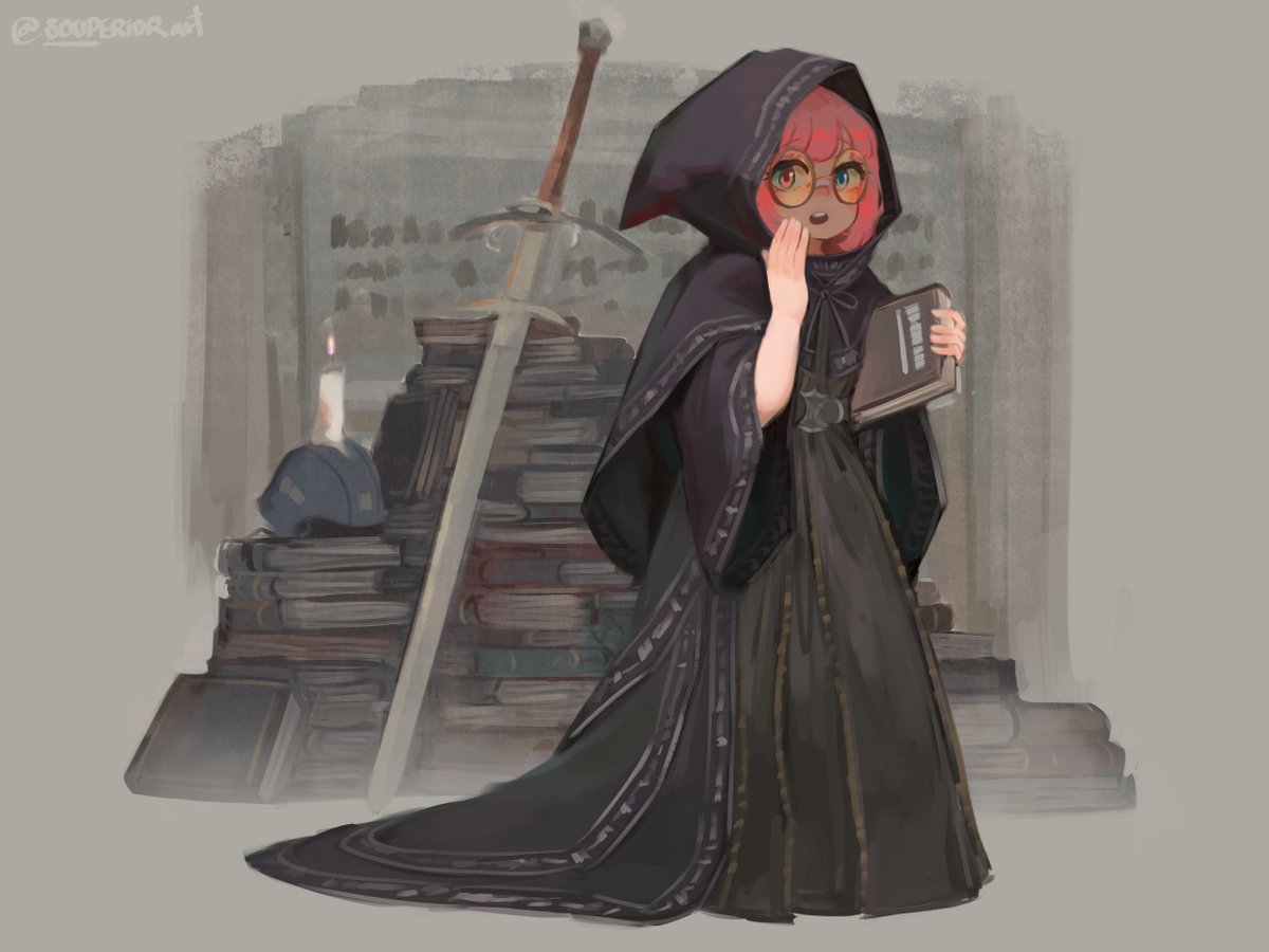 1girl black_cape black_robe blue_eyes book bookshelf candle cape covering_own_mouth full_body hand_up heterochromia holding holding_book hood hooded_cape neck_ribbon open_mouth original oversized_clothes pile_of_books pink_hair ribbon robe rope souperior sword teeth twitter_username unworn_headwear upper_teeth_only weapon wide_sleeves yellow_eyes