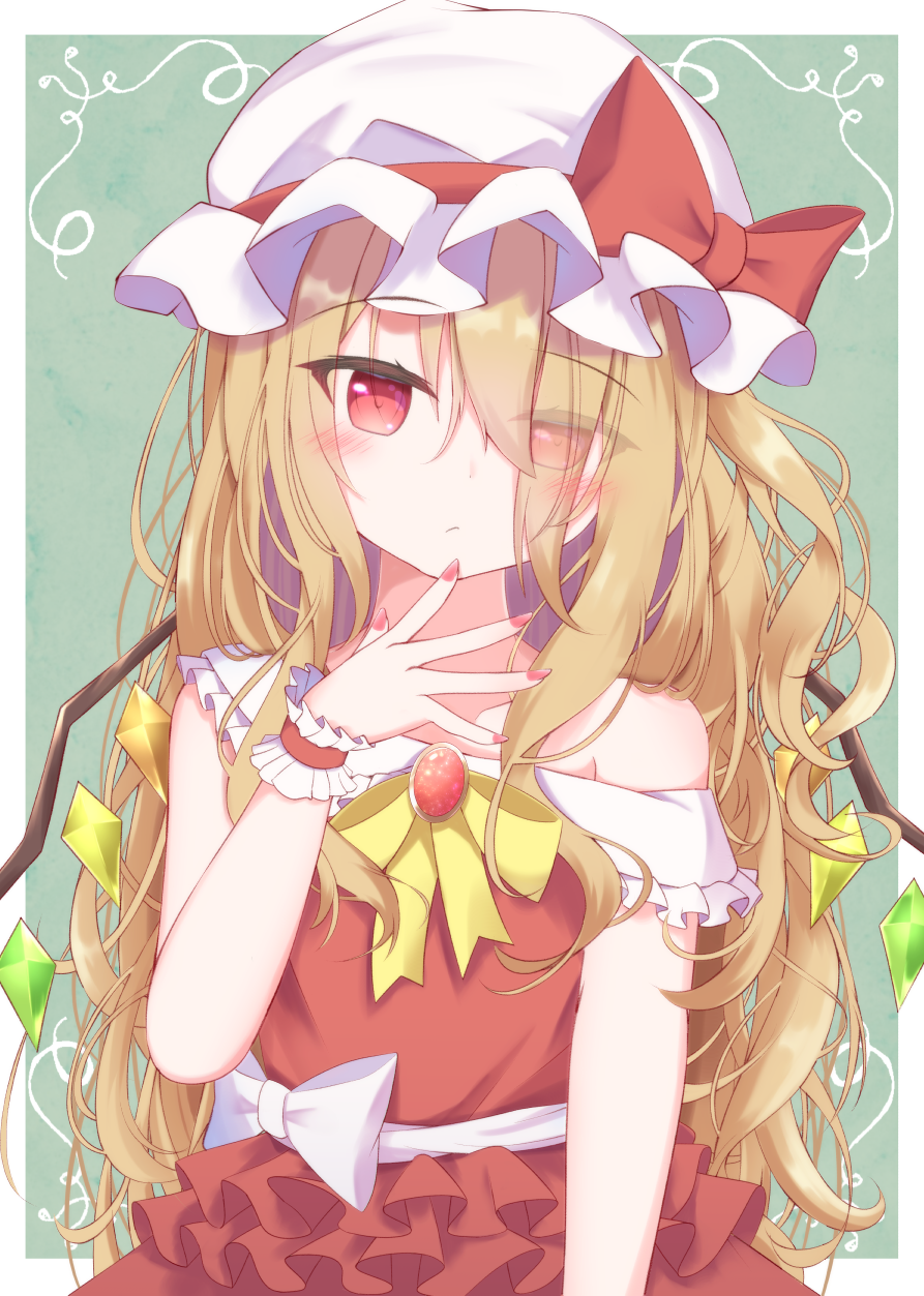1girl adapted_costume aged_up alternate_hair_length alternate_hairstyle blonde_hair bow brooch closed_mouth collarbone collared_dress crystal dot_nose dress eyes_visible_through_hair flandre_scarlet flat_chest frilled_dress frilled_shirt_collar frills gem green_background hair_over_one_eye hand_up hat hat_bow highres jewelry layered_dress light_blush liuliu long_hair messy_hair mob_cap neck_ribbon one_side_up red_bow red_dress red_gemstone red_nails ribbon simple_background single_off_shoulder touhou two-tone_background upper_body very_long_hair waist_bow white_background white_bow white_hat wings wrist_cuffs yellow_ribbon