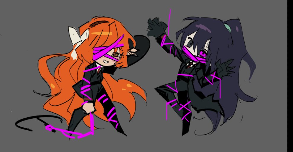 1boy 1girl anchor black_eyes blue_hair chibi claws collared_shirt e.g.o_(project_moon) full_body gauntlets grey_background half_updo heterochromia hong_lu_(project_moon) ishmael_(project_moon) limbus_company long_hair necktie official_art orange_hair parted_lips pink_eyes pink_ribbon pink_shoes_(project_moon) project_moon red_necktie ribbon shirt simple_background smile very_long_hair white_shirt