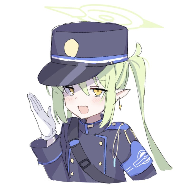1girl black_hat blue_archive blush earrings gloves green_hair green_halo halo hat jewelry long_hair long_sleeves looking_at_viewer open_mouth peaked_cap pointy_ears sanz_zzz side_ponytail simple_background smile solo upper_body white_background white_gloves yellow_eyes