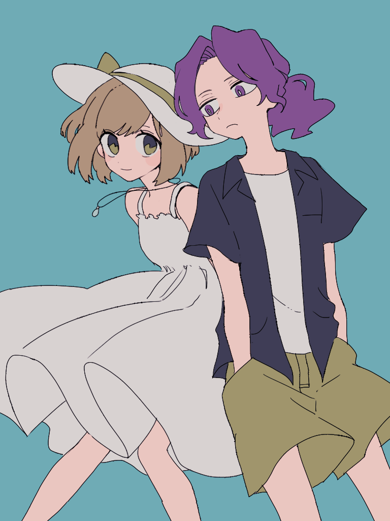 1boy 1girl blue_background blush_stickers brown_hair dress green_eyes hands_in_pockets hat jewelry looking_at_another low_ponytail maco22 necklace original parted_bangs purple_hair short_hair short_sleeves shorts sleeveless sleeveless_dress smile sun_hat violet_eyes