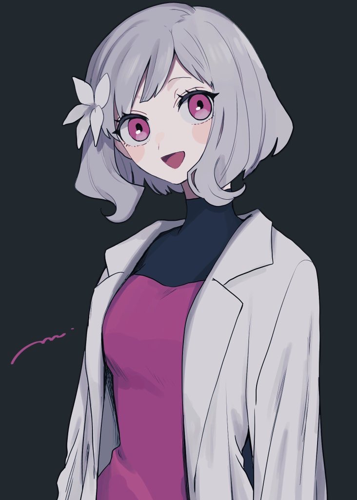 1girl blush_stickers flower grey_hair hair_flower hair_ornament high_collar jacket long_sleeves looking_at_viewer maco22 open_mouth original pink_eyes short_hair smile solo
