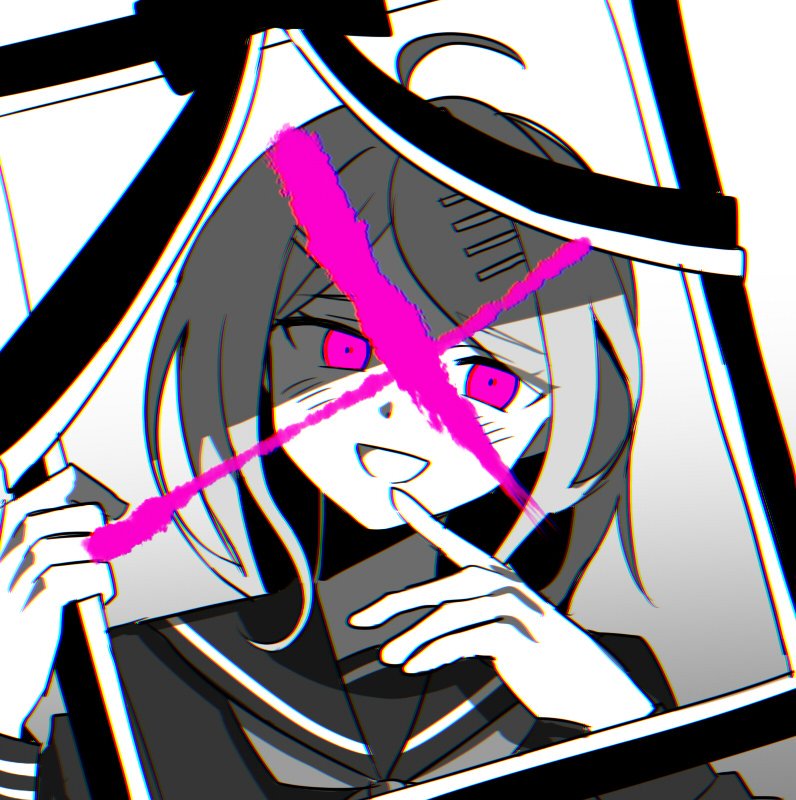 1girl ahoge akamatsu_kaede bad_id bad_twitter_id blush_stickers collared_shirt commentary_request commission danganronpa_(series) danganronpa_v3:_killing_harmony eyelashes finger_to_own_chin gradient_background grey_background greyscale hair_ornament hairclip holding holding_frame iei long_hair long_sleeves looking_at_viewer monochrome neckerchief open_mouth pink_eyes sailor_collar school_uniform serafuku shirt simple_background smile solo spot_color upper_body waka_(wk4444)