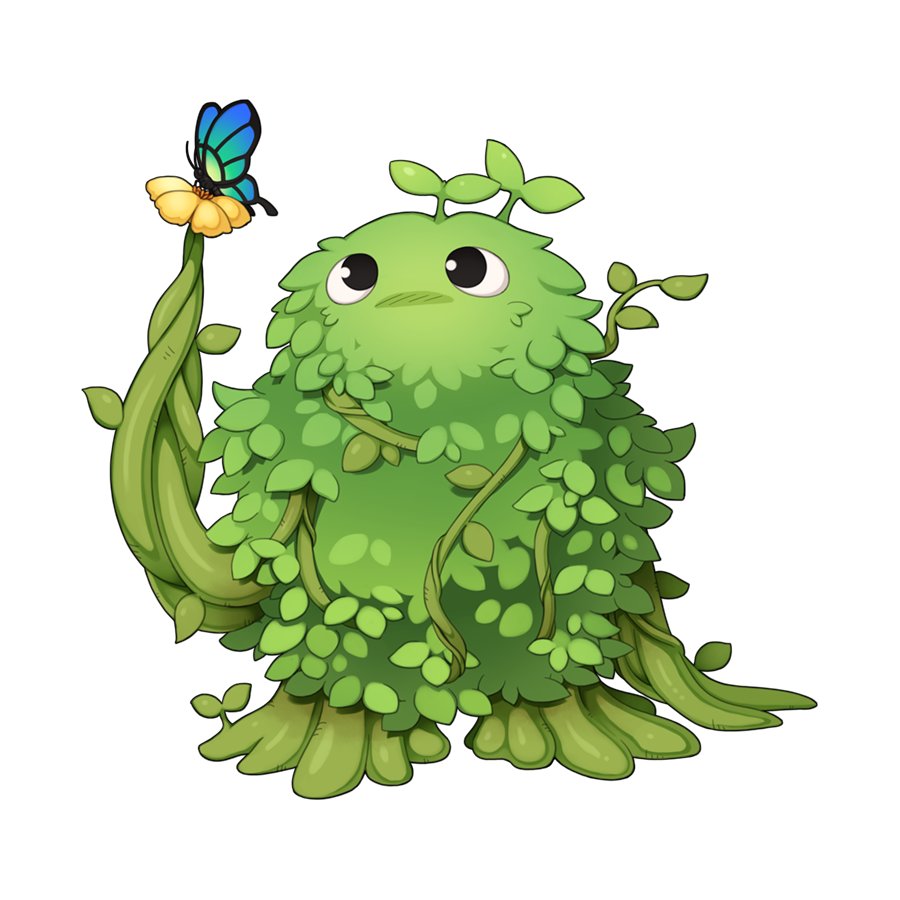 black_eyes blue_butterfly bug bush butterfly chibi creature creeper_(ragnarok_online) flower full_body no_humans no_mouth official_art ragnarok_online simple_background solo transparent_background yellow_flower yuichirou