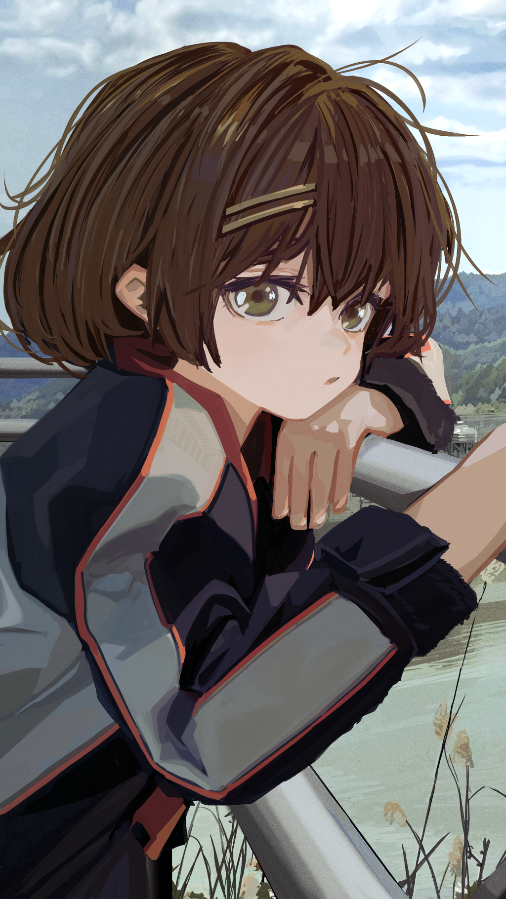 1girl against_railing black_jacket bob_cut brown_eyes brown_hair casual close-up closed_mouth clouds cloudy_sky commentary dot_mouth elbow_rest eyelashes forest from_side grass grey_jacket grey_sky hair_ornament hairclip hand_on_railing head_on_arm head_rest highres jacket looking_at_viewer looking_to_the_side loose_hair_strand messy_hair multicolored_clothes multicolored_jacket nature orange_jacket original outdoors railing river russian_commentary scenery servachok short_hair sky solo tanya_(servachok) upper_body very_long_sleeves