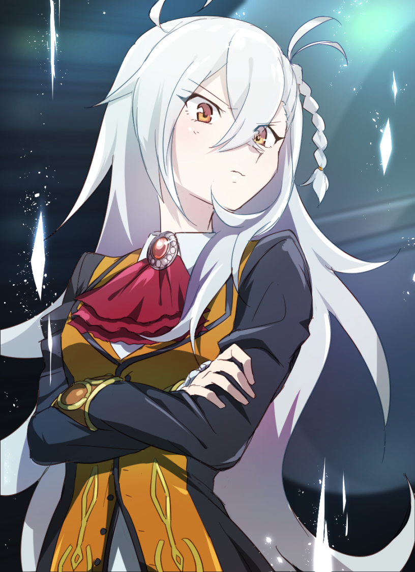 1girl antenna_hair asamiya_(twins14_zx) ascot blush braid brooch closed_mouth commentary_request crossed_arms crossed_bangs fate/grand_order fate_(series) hair_ornament jewelry long_hair long_sleeves looking_at_viewer olga_marie_animusphere orange_eyes red_ascot side_braid solo very_long_hair white_hair