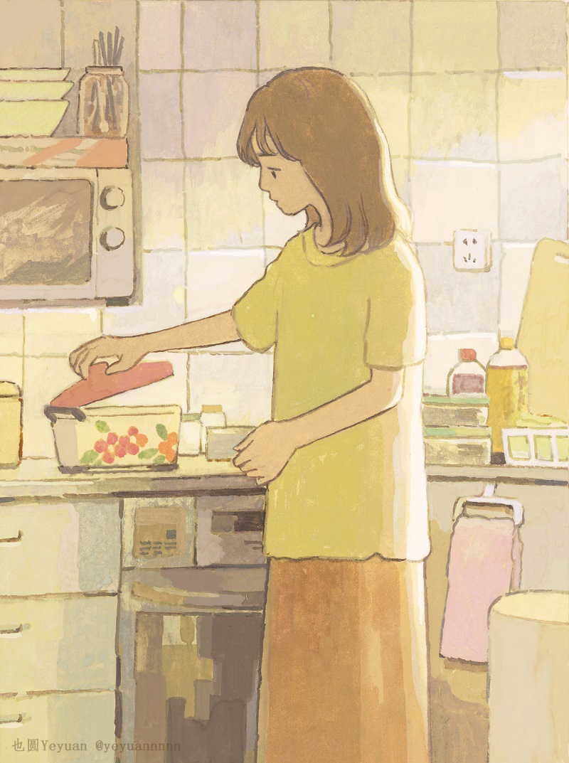 1girl artist_name brown_hair cabinet cooking cooking_pot counter day floral_print holding indoors kitchen medium_hair microwave original oven shirt solo standing stove yeyuan33