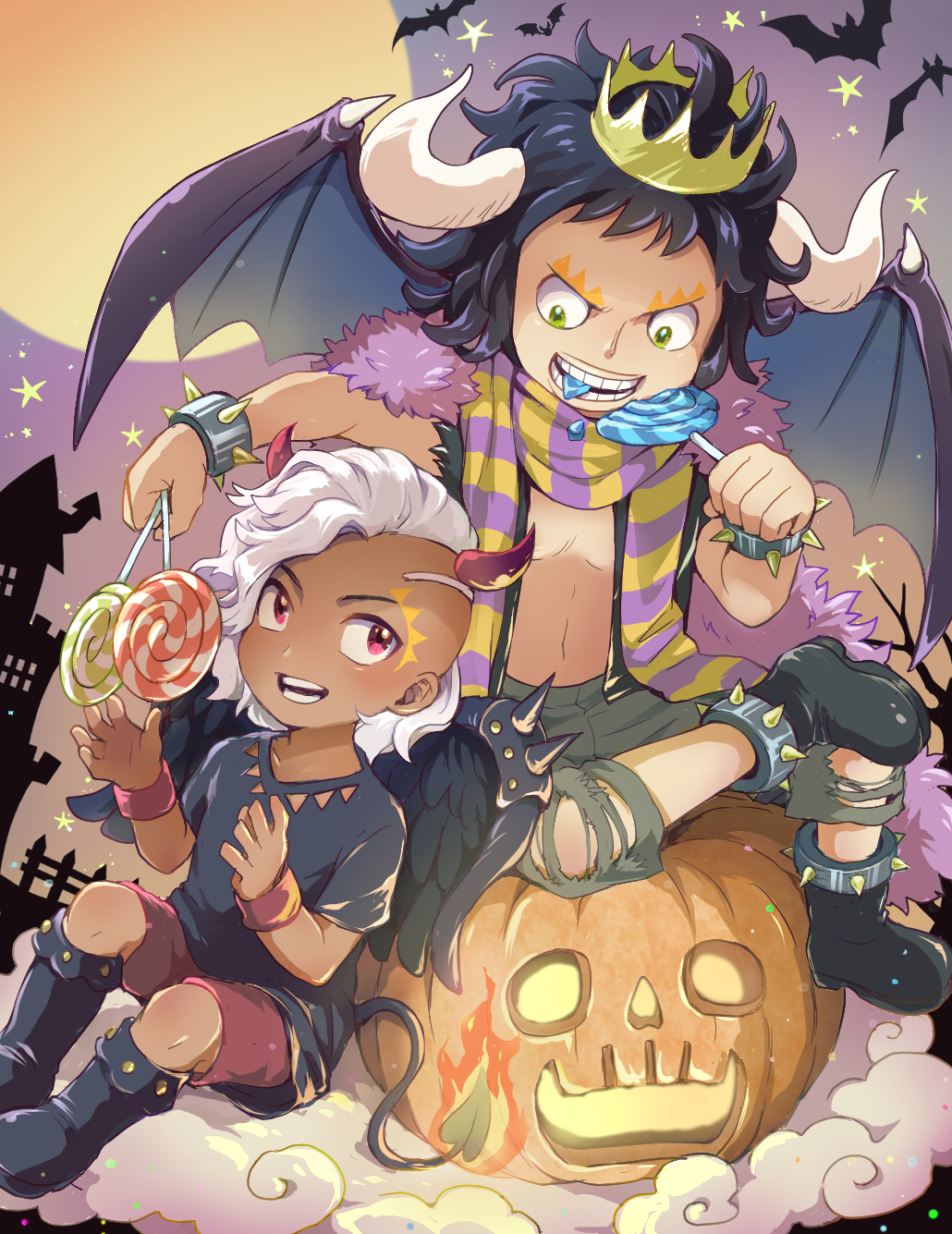 0aoiurn0 2boys aged_down angel_wings bare_arms black_footwear black_hair black_shirt black_wings boots bracelet candy dark-skinned_male dark_skin demon_tail dragon_wings eating food full_body full_moon green_shorts grey_shorts halloween highres holding holding_candy holding_food holding_lollipop horns huge_moon jack-o'-lantern jewelry kaidou_(one_piece) king_(one_piece) lollipop looking_at_another male_focus moon multiple_boys one_piece open_clothes open_mouth pumpkin purple_background purple_sky red_bracelet red_shorts scarf shirt short_hair short_sleeves shorts sitting sky sleeveless sleeveless_jacket smile spiked_bracelet spiked_footwear spikes striped_clothes striped_scarf swirl_lollipop tail v-shaped_eyebrows white_hair white_horns wings