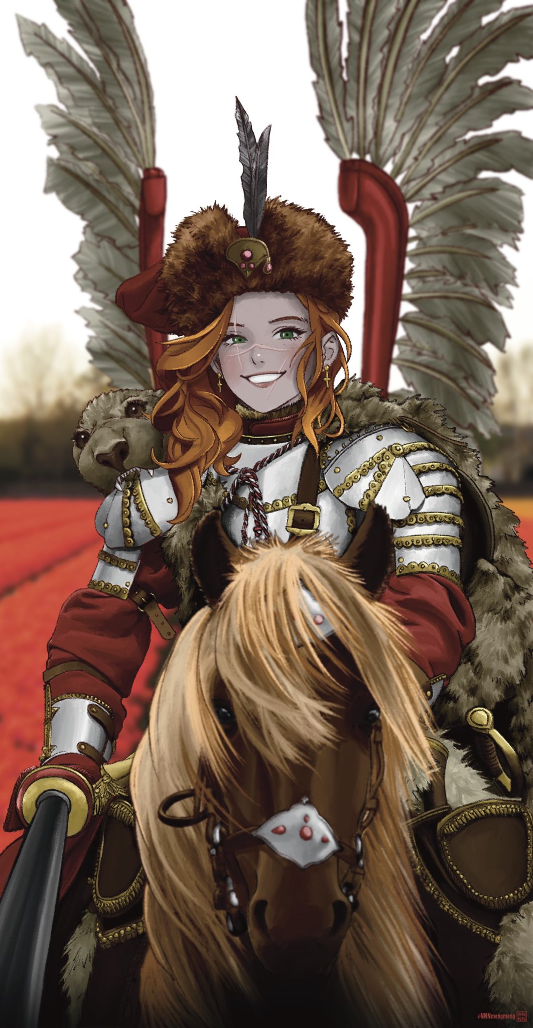 1girl armor cape cross cross_earrings earrings field flower flower_field fur_cape green_eyes highres holding holding_weapon horse horseback_riding hussar jewelry lance long_hair looking_at_viewer multiple_scars nnnmengmeng open_mouth original plate_armor polearm polish_clothes red_shirt redhead riding scar shirt shoulder_armor smile sword teeth tree weapon winged_hussar