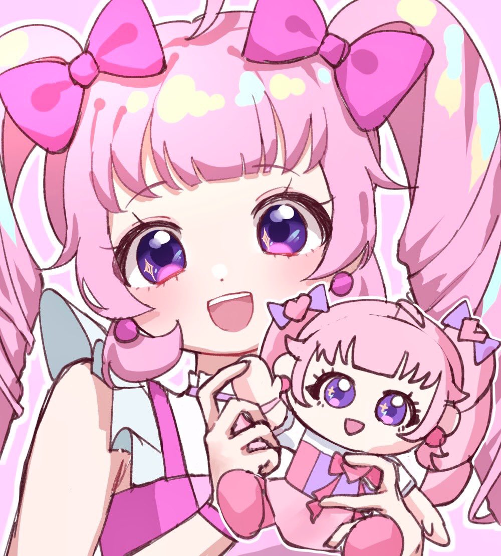 1girl :d ahoge aozora_himari blunt_bangs bow character_doll commentary_request doll earrings hair_bow hands_up himitsu_no_aipri holding holding_doll idol_clothes jewelry long_hair looking_at_viewer open_mouth pink_bow pink_hair pq_(pq_owo) pretty_series simple_background smile solo twintails upper_body violet_eyes white_background