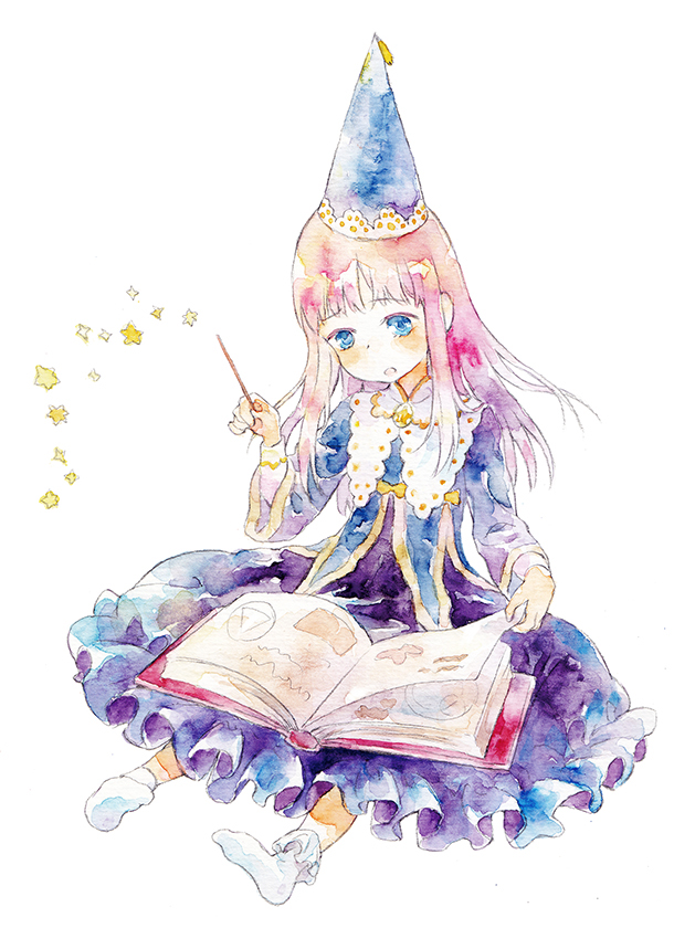 1girl :o blue_dress blunt_bangs book commentary_request dress frilled_dress frills full_body grimoire hand_up hat holding holding_wand long_hair moekon open_book original painting_(medium) parted_lips pink_hair simple_background sitting socks star_(symbol) traditional_media turning_page wand watercolor_(medium) white_background white_socks witch wizard_hat
