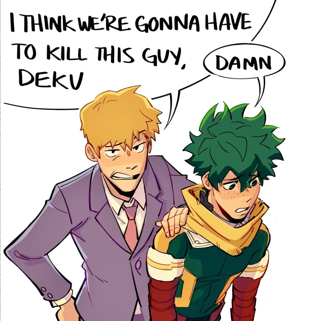 2boys blonde_hair boku_no_hero_academia commentary crossover english_commentary english_text freckles green_eyes green_hair grey_jacket habkart hand_on_another's_shoulder i_think_we're_gonna_have_to_kill_this_guy_steven_(meme) jacket long_sleeves looking_at_viewer male_focus meme midoriya_izuku mob_psycho_100 multiple_boys necktie open_mouth reigen_arataka short_hair simple_background speech_bubble suit upper_body white_background
