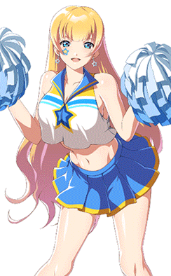 1girl animated animated_gif bare_legs bare_shoulders blonde_hair blue_collar blue_eyes blue_pom_poms blue_skirt blue_stripes blunt_bangs cheerleader collar collarbone cowboy_shot crop_top earrings facial_mark game_cg holding holding_pom_poms jewelry long_hair looking_at_viewer lowres midriff navel official_art open_mouth pleated_skirt pom_pom_(cheerleading) ratchet_altair sakura_taisen sakura_taisen_v short_sidelocks sidelocks simple_background skirt sleeveless solo star_(symbol) star_earrings star_facial_mark striped_clothes striped_skirt very_long_hair wavy_ends white_background