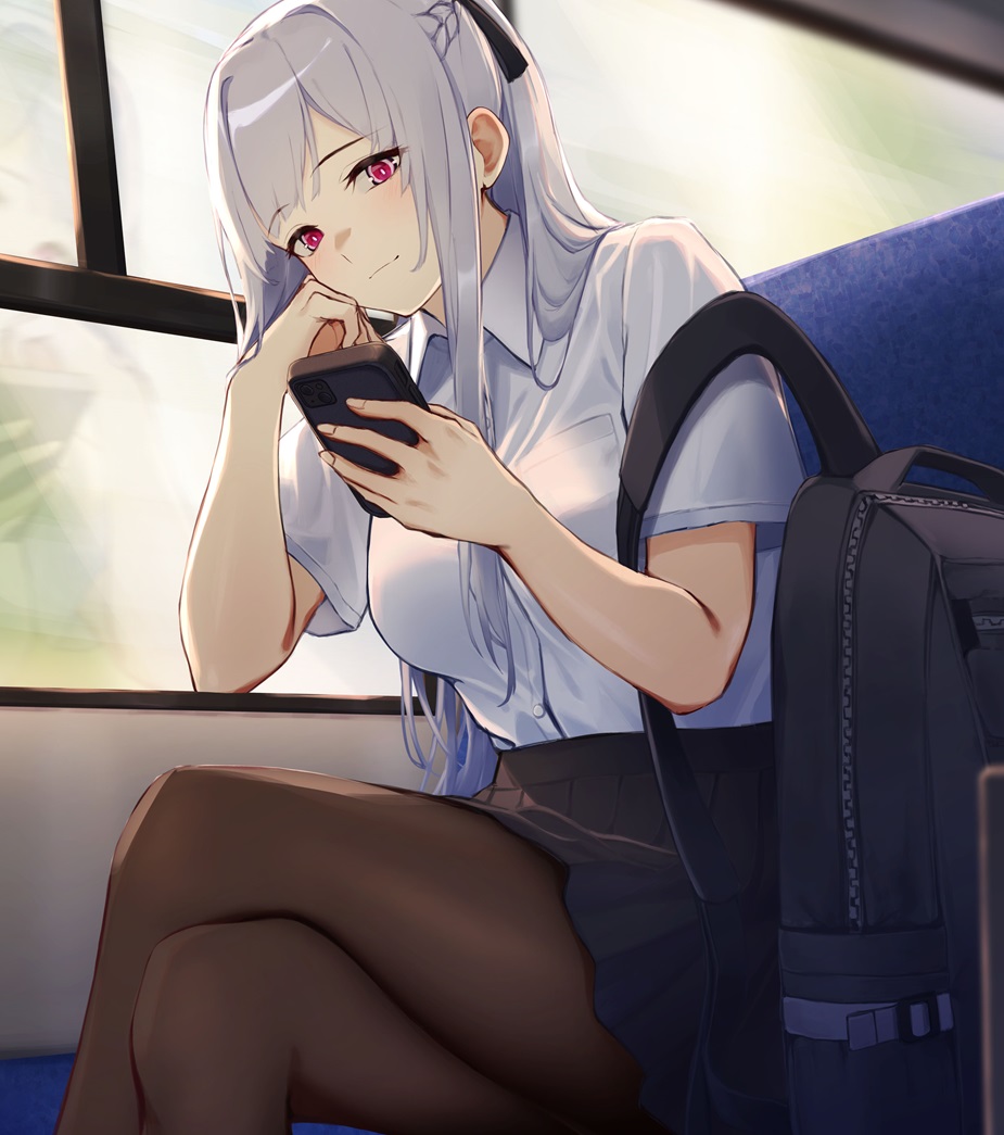 1girl 3_small_spiders ak-12_(girls'_frontline) alternate_costume arm_rest artificial_eye backpack bag braid crossed_legs french_braid girls_frontline grey_hair hand_on_own_cheek hand_on_own_face head_on_hand head_rest holding holding_phone light_smile long_hair mechanical_eye pantyhose phone ponytail school_uniform shirt sitting solo white_shirt