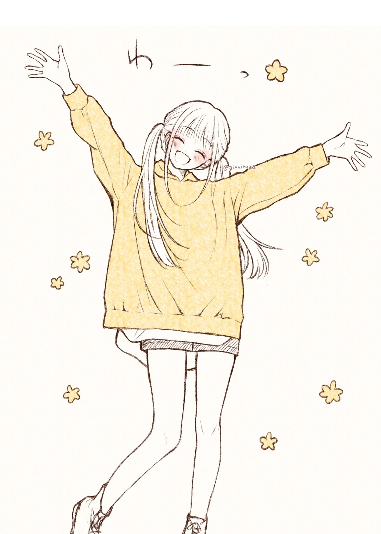 1girl :d arms_up black_shorts blush boots dot_nose feet_out_of_frame flower ginniroya hatching_(texture) head_tilt highres hood hood_down hoodie legs_apart linear_hatching long_bangs long_hair long_sleeves low_twintails open_hands open_mouth original outstretched_arms partially_colored shorts simple_background smile solo twintails twitter_username white_background yellow_flower yellow_hoodie