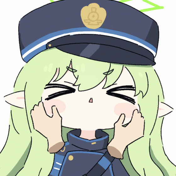 &gt;o&lt; 1girl animated animated_gif armband blue_archive blue_armband blush_stickers chibi closed_eyes disembodied_limb fang green_hair green_halo halo hands_on_another's_cheeks hands_on_another's_face hat highlander_sidelocks_conductor_(blue_archive) jacket long_hair no_nose pointy_ears sidelocks skin_fang umihio v-shaped_eyebrows