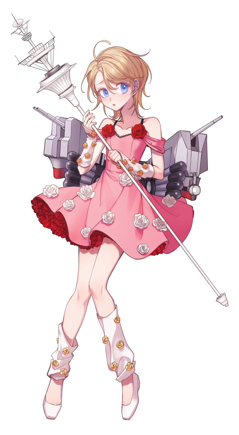 1girl ahoge blonde_hair blue_eyes commentary_request dress flat_chest flower full_body highres holding holding_staff jojo_no_kimyou_na_bouken kantai_collection lucy_steel machinery medium_hair parody pink_dress rose sempon_(doppio_note) short_dress solo staff steel_ball_run turret white_arm_warmers white_flower white_rose